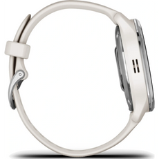 Seitenansicht der Garmin D2 Air X10 010-02496-13 Smartwatch in Weiß von Garmin mit rundem Gesicht, passendem Silikonarmband und integrierter GPS-Navigation.