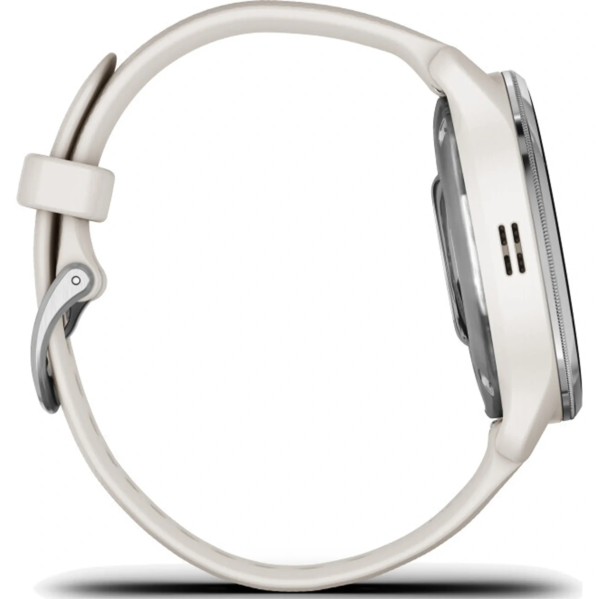 Seitenansicht der Garmin D2 Air X10 010-02496-13 Smartwatch in Weiß von Garmin mit rundem Gesicht, passendem Silikonarmband und integrierter GPS-Navigation.