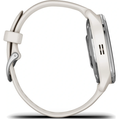 Seitenansicht der Garmin D2 Air X10 010-02496-13 Smartwatch in Weiß von Garmin mit rundem Gesicht, passendem Silikonarmband und integrierter GPS-Navigation.