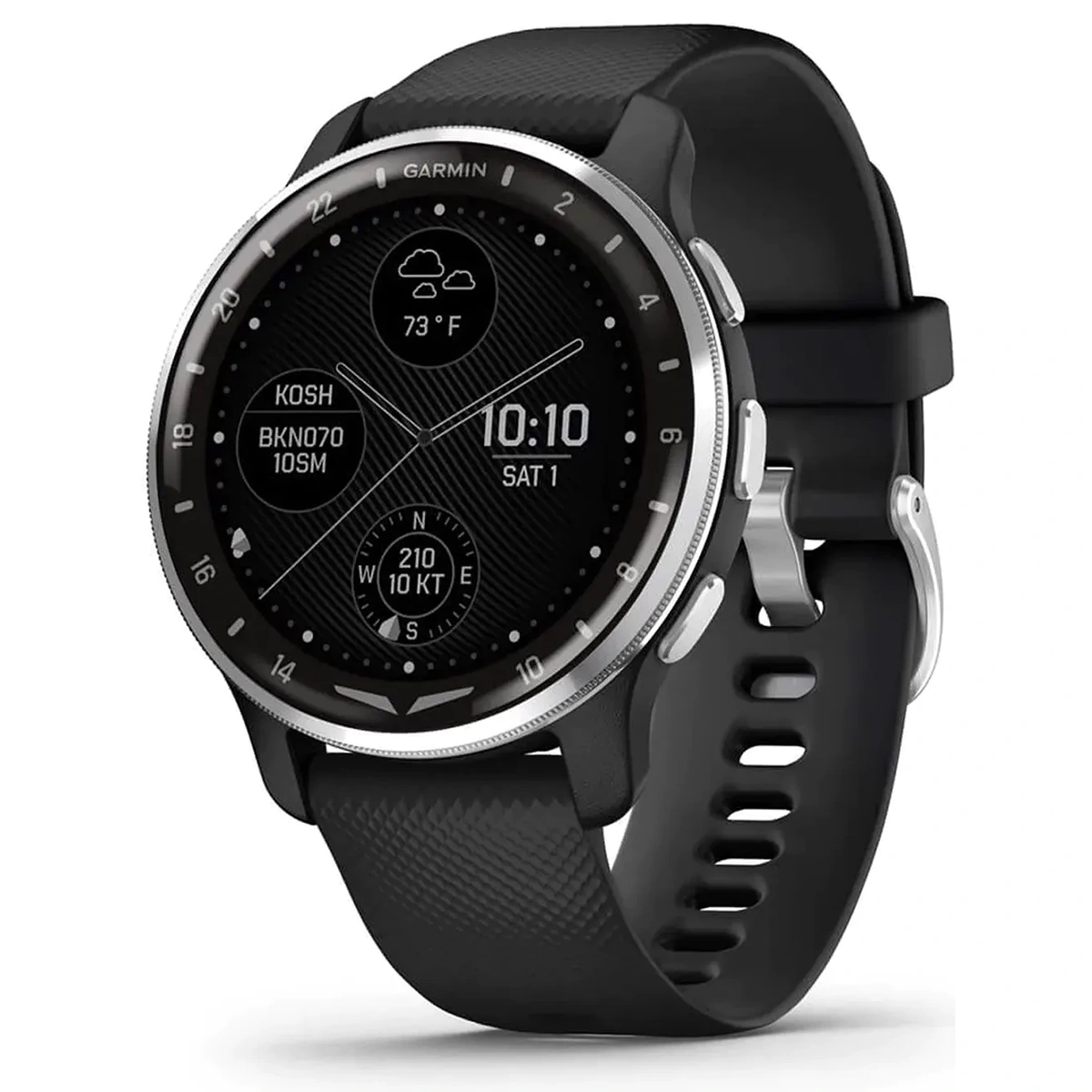 Die Garmin D2 Air X10 010-02496-13 Smartwatch in Schwarz zeigt Wetter, Uhrzeit und Messwerte auf einem runden digitalen Zifferblatt an und verfügt über erweiterte GPS-Navigationsfunktionen.