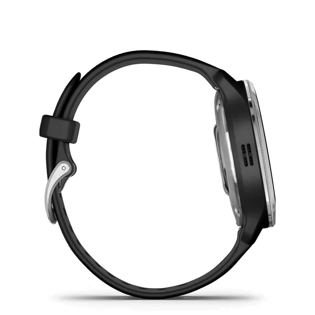 Seitenansicht der Garmin D2 Air X10 010-02496-13 Smartwatch in Schwarz, mit silbernem Rahmen und schwarzem Armband von Garmin, das die Dicke und die integrierte GPS-Navigation zeigt.