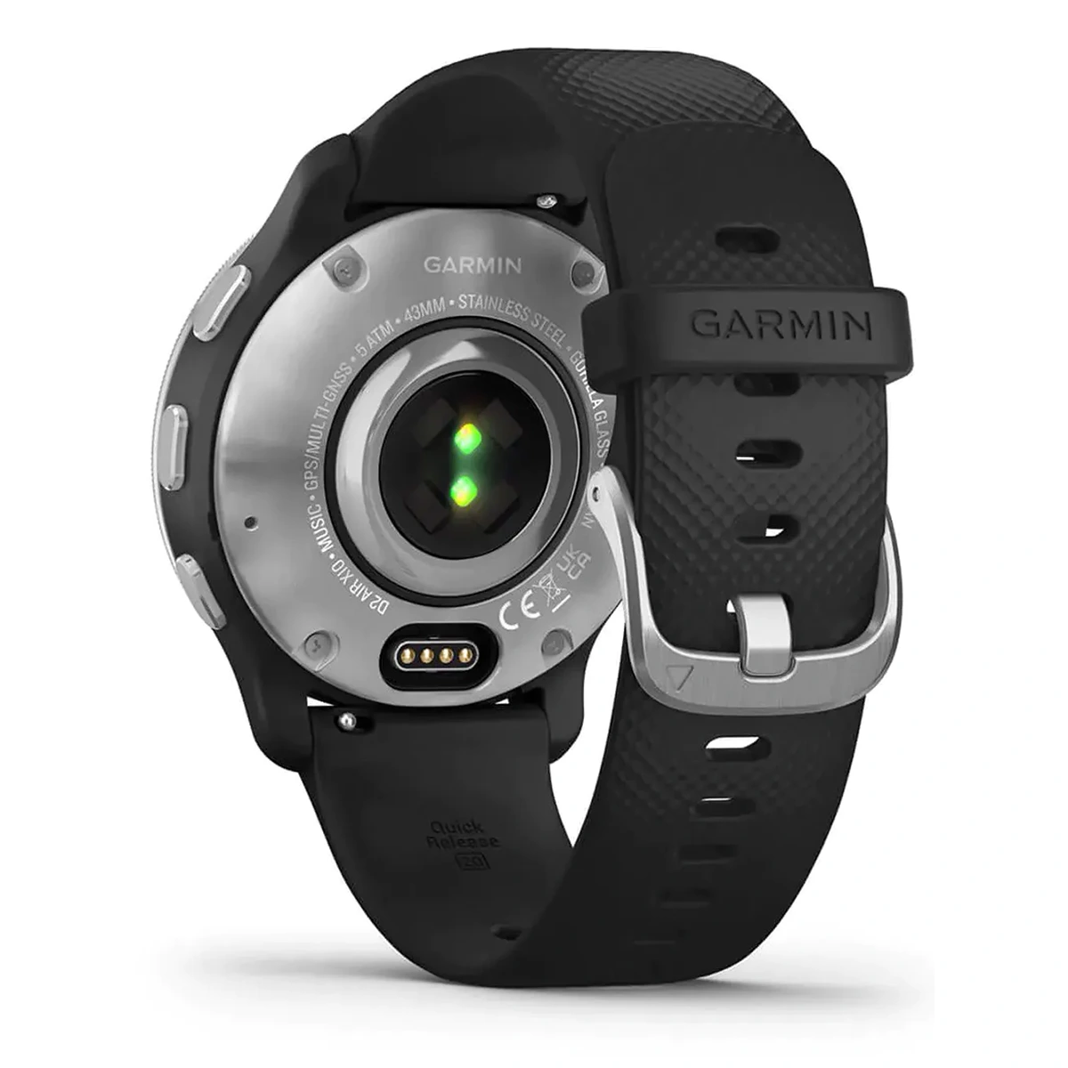 Rückansicht der Garmin D2 Air X10 010-02496-13 Smartwatch in Schwarz mit grünen Sensorleuchten auf der Unterseite für präzise Aktivitätsaufzeichnung und GPS-Navigation.