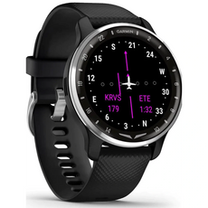 Die Garmin D2 Air X10 010-02496-13 Smartwatch in Schwarz von Garmin zeigt einen Flugnavigationsbildschirm mit rosafarbener Digitalanzeige und erweiterten GPS-Navigationsfunktionen.