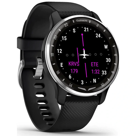 Die Garmin D2 Air X10 010-02496-13 Smartwatch in Schwarz von Garmin zeigt einen Flugnavigationsbildschirm mit rosafarbener Digitalanzeige und erweiterten GPS-Navigationsfunktionen.