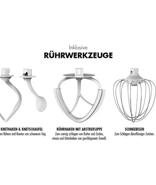 Drei Aufsätze für die Gastroback 40977 Küchenmaschine - silber: Knethaken für schweren Teig, Flachrührer mit Teigschaber für Butter und Zucker sowie Schneebesen für leichte Zutaten.