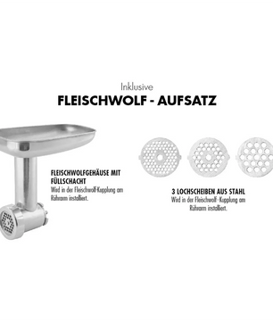 Edelstahl-Fleischwolfaufsatz mit Einfüllschale, Gehäuse und drei Stahlscheibeneinsätzen für Ihre Gastroback 40977 Küchenmaschine - silber. Inklusive deutscher Anleitung für Komponenten und Installation. Weißer Hintergrund.