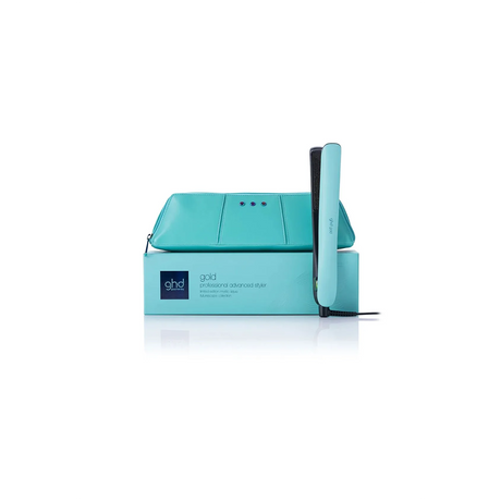 Ghd Gold - Türkisblau von ghd, ein professioneller türkisblauer Haarglätter, abgebildet aufrecht mit passendem Etui und Box auf weißem Hintergrund.