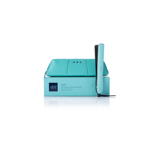 Ghd Gold - Türkisblau von ghd, ein professioneller türkisblauer Haarglätter, abgebildet aufrecht mit passendem Etui und Box auf weißem Hintergrund.