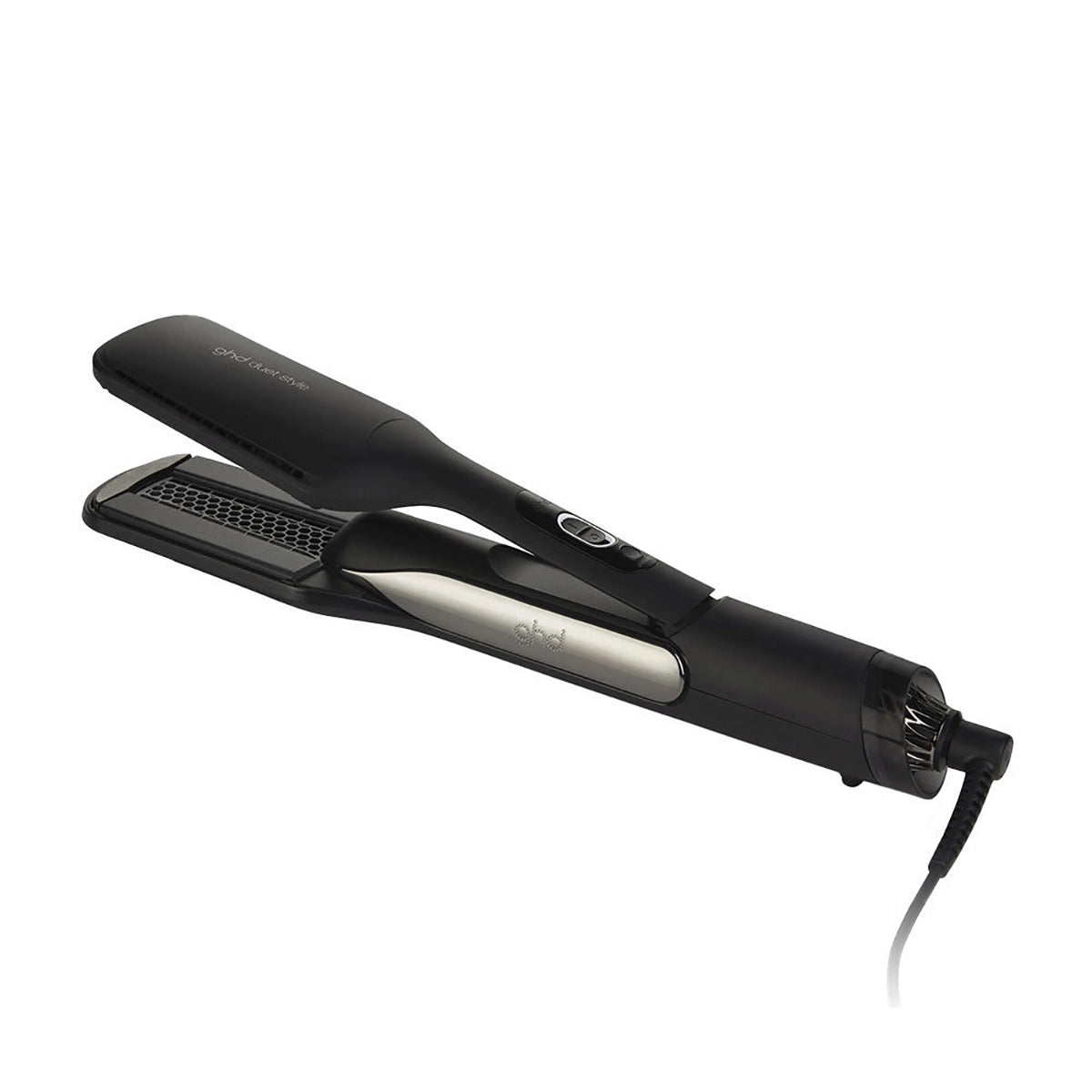 Das ghd Duet Style 2-in-1 Hot Air Styler Set in schwarz von ghd, mit schwarzem und silbernem Design und Netzkabel, ist auf weißem Hintergrund abgebildet.