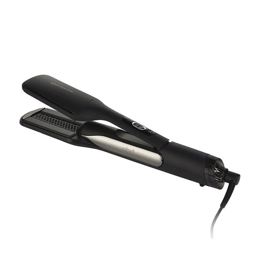 Das ghd Duet Style 2-in-1 Hot Air Styler Set in schwarz von ghd, mit schwarzem und silbernem Design und Netzkabel, ist auf weißem Hintergrund abgebildet.