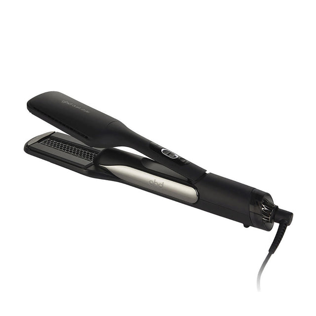 Das ghd Duet Style 2-in-1 Hot Air Styler Set in schwarz von ghd, mit schwarzem und silbernem Design und Netzkabel, ist auf weißem Hintergrund abgebildet.