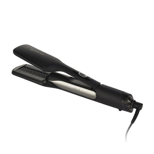 Das ghd Duet Style 2-in-1 Hot Air Styler Set in schwarz von ghd, mit schwarzem und silbernem Design und Netzkabel, ist auf weißem Hintergrund abgebildet.