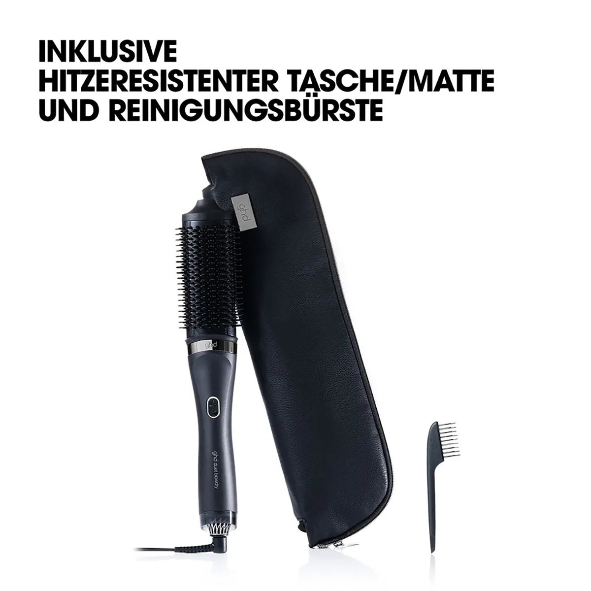 Die ghd duet blowdry Haartrocknerbürste - schwarz von ghd, mit Heat-Air Xchange Technologie, ist auf weißem Hintergrund mit deutschem Text abgebildet, zusammen mit dem hitzebeständigen Beutel und der Reinigungsbürste.