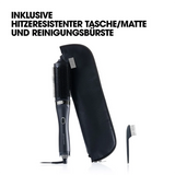 Die ghd duet blowdry Haartrocknerbürste - schwarz von ghd, mit Heat-Air Xchange Technologie, ist auf weißem Hintergrund mit deutschem Text abgebildet, zusammen mit dem hitzebeständigen Beutel und der Reinigungsbürste.