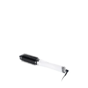 Die ghd duet blowdry Haartrocknerbürste in Weiß von ghd, mit schwarzen Borsten und Netzkabel, ist auf einem schlichten weißen Hintergrund abgebildet.