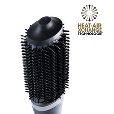 Weiße runde ghd duet blowdry Haartrocknerbürste mit Borsten; 2-in-1 Heißluftbürste Heat-Air Xchange Technologie Logo und Text auf der rechten Seite.
