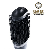 Weiße runde ghd duet blowdry Haartrocknerbürste mit Borsten; 2-in-1 Heißluftbürste Heat-Air Xchange Technologie Logo und Text auf der rechten Seite.