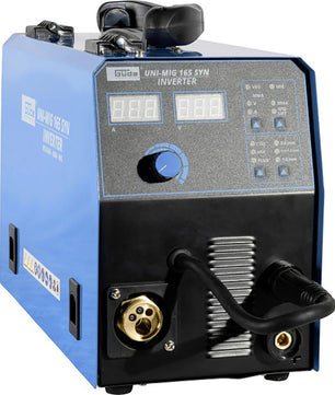 Blau-schwarzes Güde Universalschweissgerät Uni-Mig 165 SYN mit Digitalanzeige und Drehknopf.