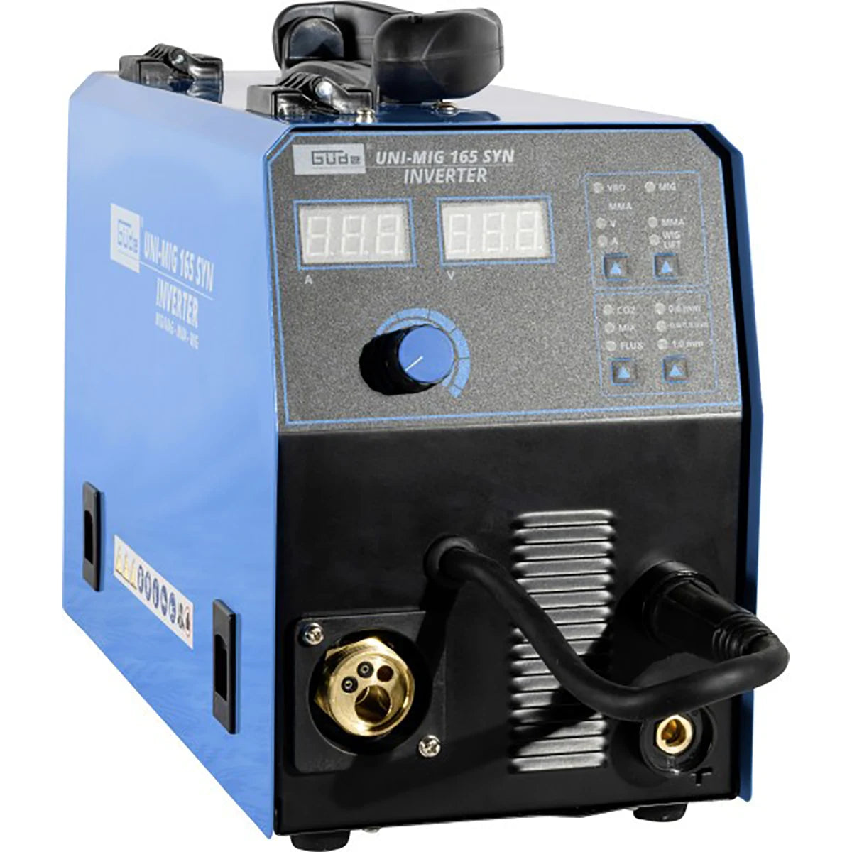 Blau-schwarzes Güde Universalschweissgerät Uni-Mig 165 SYN mit Digitalanzeige und Drehknopf.