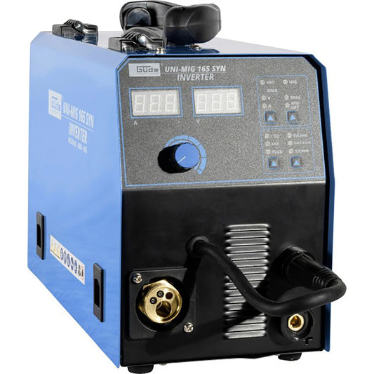 Blau-schwarzes Güde Universalschweissgerät Uni-Mig 165 SYN mit Digitalanzeige und Drehknopf.