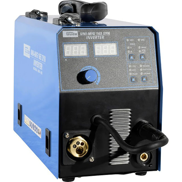 Blau-schwarzes Güde Universalschweissgerät Uni-Mig 165 SYN mit Digitalanzeige und Drehknopf.