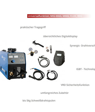 Das Güde Universalschweissgerät Uni-Mig 165 SYN bietet mit Display, Zubehör und deutschen Funktionsschildern eine präzise Schweisssteuerung für vielfältige Anwendungen.