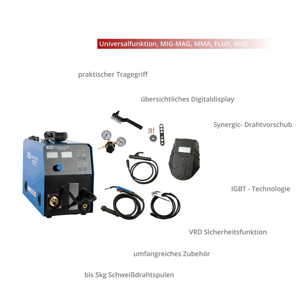 Das Güde Universalschweissgerät Uni-Mig 165 SYN bietet mit Display, Zubehör und deutschen Funktionsschildern eine präzise Schweisssteuerung für vielfältige Anwendungen.
