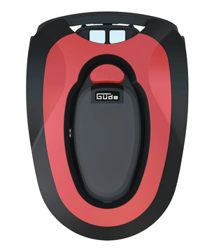 Draufsicht auf den Güde Roboter Rasenmäher GRR 180.1 in Rot und Schwarz, mit sichtbarer STOP-Taste und Güde-Logo - ideal für die mühelose Rasenpflege.