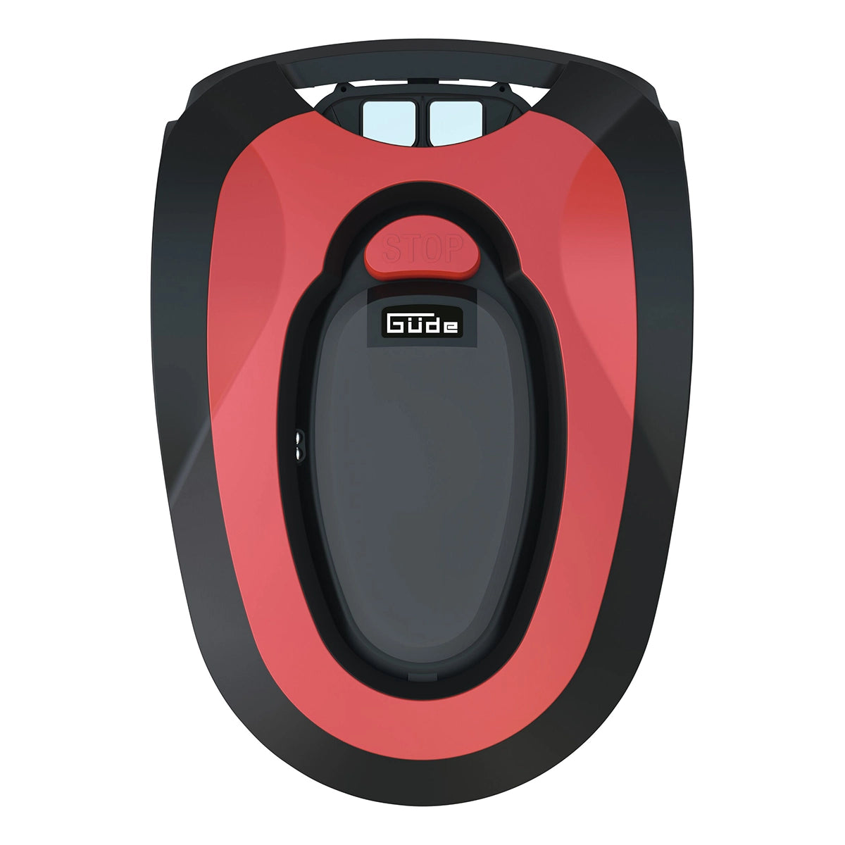 Draufsicht auf den Güde Roboter Rasenmäher GRR 180.1 in Rot und Schwarz, mit sichtbarer STOP-Taste und Güde-Logo - ideal für die mühelose Rasenpflege.