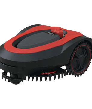 Der Güde Roboter Rasenmäher GRR 180.1 von Güde verfügt über große Räder und darunter liegende Schneidmesser in auffälligem rot-schwarzem Design - ideal für die mühelose Rasenpflege.