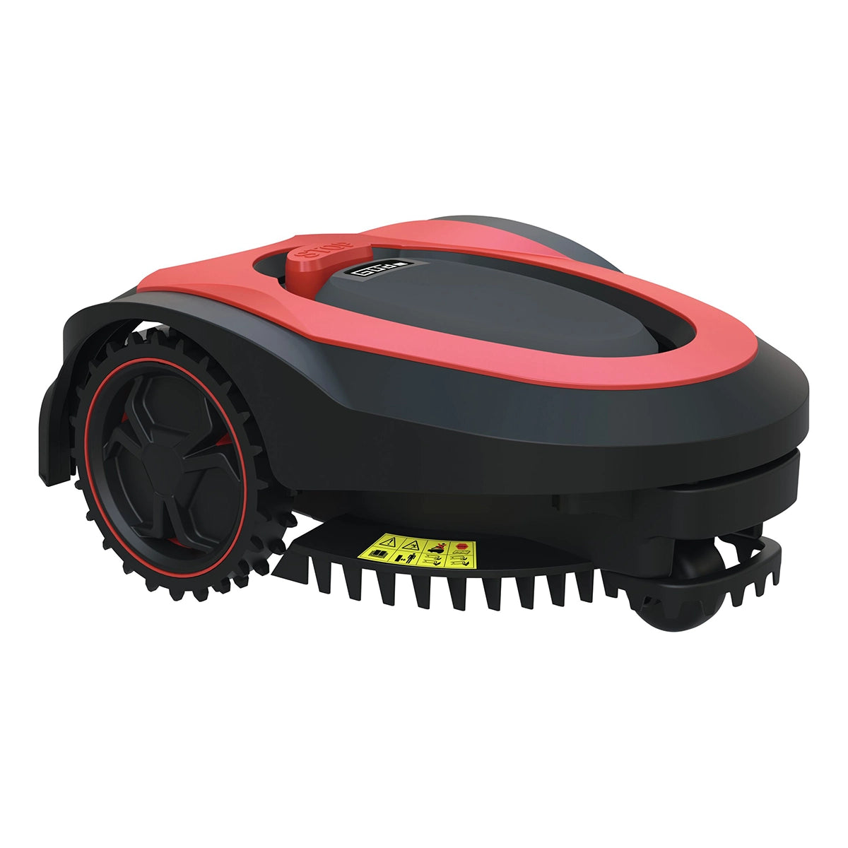 Der Güde Roboter Rasenmäher GRR 180.1, in rot und schwarz mit großen Hinterrädern und sichtbaren Sicherheitsaufklebern an der Unterseite, sorgt für effiziente Rasenpflege.