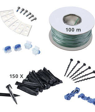 Zubehör für den Güde Roboter Rasenmäher GRR 180.1 von Güde, einschließlich grünem Draht, Schrauben, Verbindern, Pflöcken und schwarzen Pflöcken für die Rasenpflege und die Roboterinstallation, dargestellt auf weißem Hintergrund.