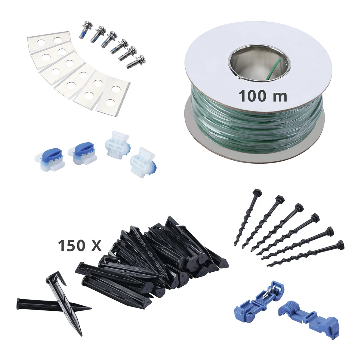 Zubehör für den Güde Roboter Rasenmäher GRR 180.1 von Güde, einschließlich grünem Draht, Schrauben, Verbindern, Pflöcken und schwarzen Pflöcken für die Rasenpflege und die Roboterinstallation, dargestellt auf weißem Hintergrund.