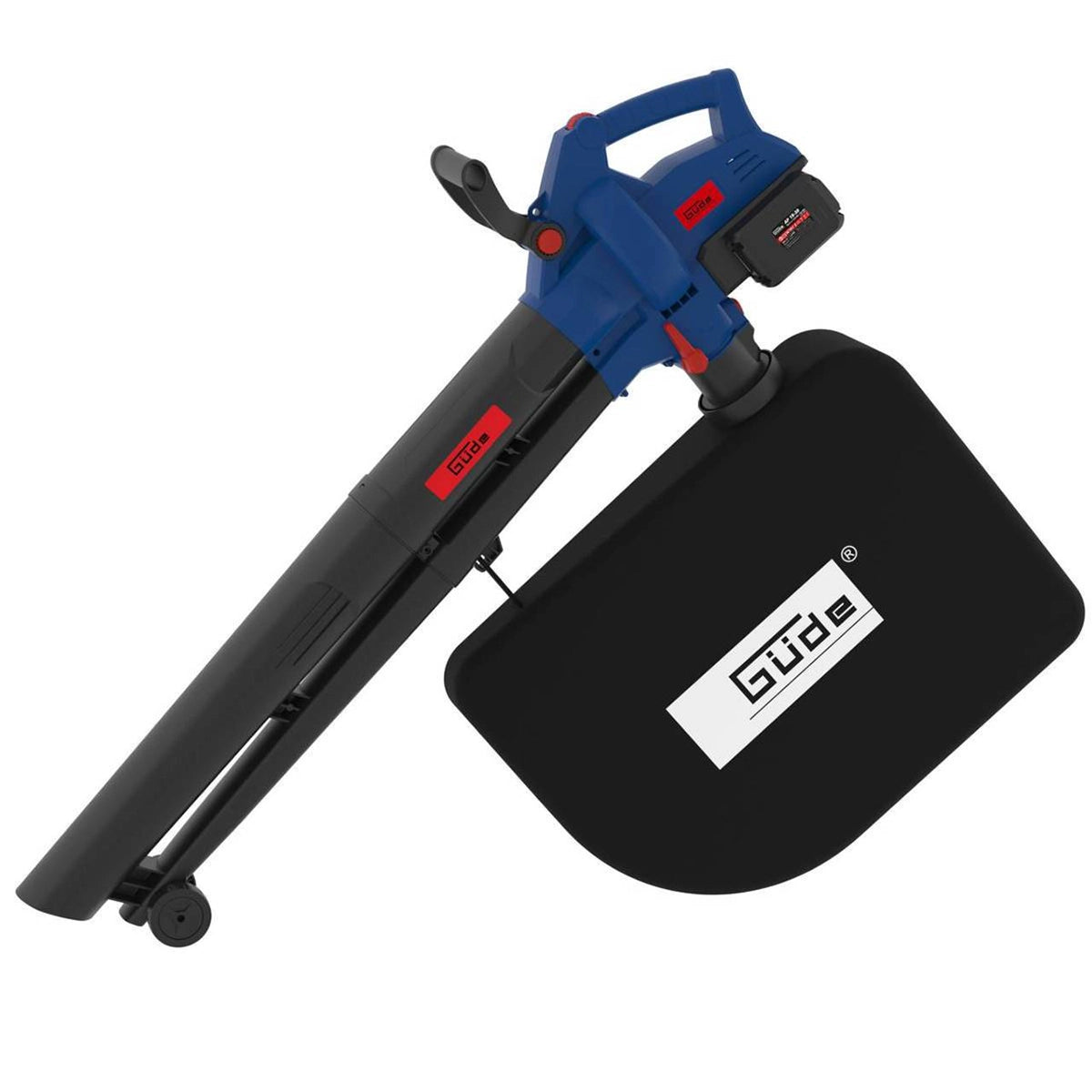 Der Güde Akku Laubsauger LS 36-302-30 ist ein blau-schwarzer elektrischer Laubbläser mit Fangsack, Rädern und dem Güde-Logo, der mit dem Güde E³-Akkusystem kompatibel ist.