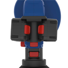 Nahaufnahme des Güde Akku Laubsaugers LS 36-302-30, eines blau-schwarzen Elektrowerkzeugs mit roten Tasten und zwei Akkus, das seine vielseitige Verwendung mit dem Güde E³ Akkusystem hervorhebt.