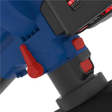 Nahaufnahme des Güde Akku Laubsaugers LS 36-302-30, ein blau-schwarzes Elektrowerkzeug mit roten Einstellhebeln, das zum Güde E³ Akkusystem gehört - ideal für den Einsatz als effizienter Laubbläser oder -sauger im Garten.