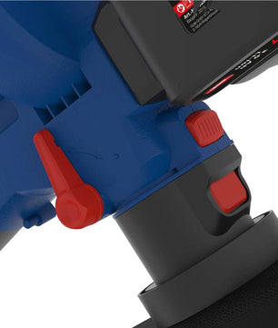 Nahaufnahme des Güde Akku Laubsaugers LS 36-302-30, ein blau-schwarzes Elektrowerkzeug mit roten Einstellhebeln, das zum Güde E³ Akkusystem gehört - ideal für den Einsatz als effizienter Laubbläser oder -sauger im Garten.