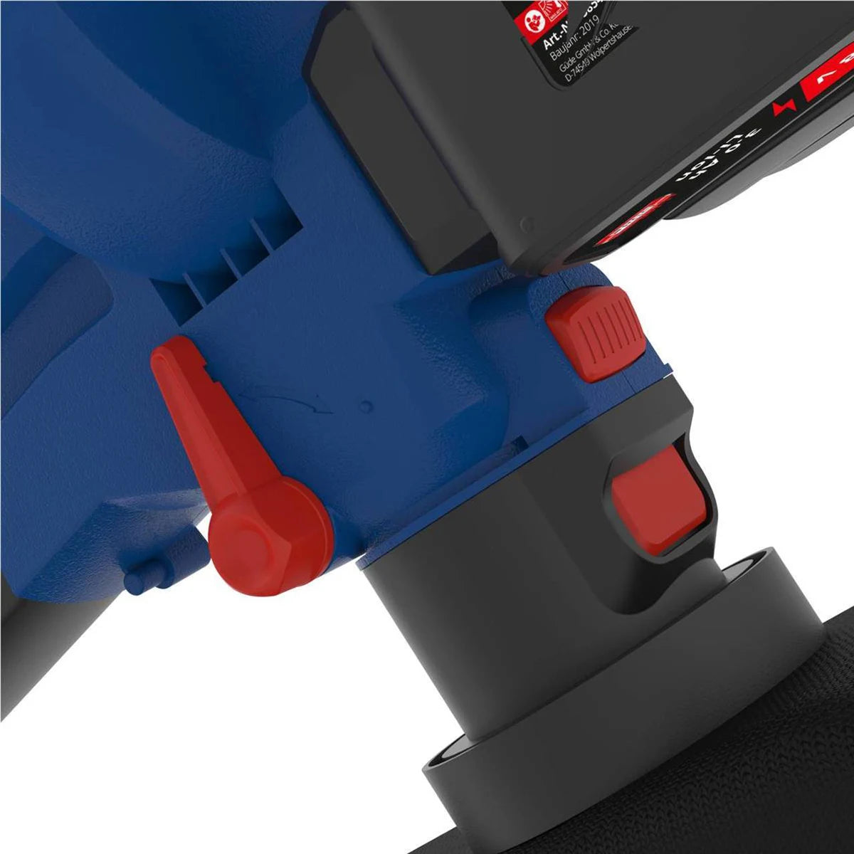 Nahaufnahme des Güde Akku Laubsaugers LS 36-302-30, ein blau-schwarzes Elektrowerkzeug mit roten Einstellhebeln, das zum Güde E³ Akkusystem gehört - ideal für den Einsatz als effizienter Laubbläser oder -sauger im Garten.