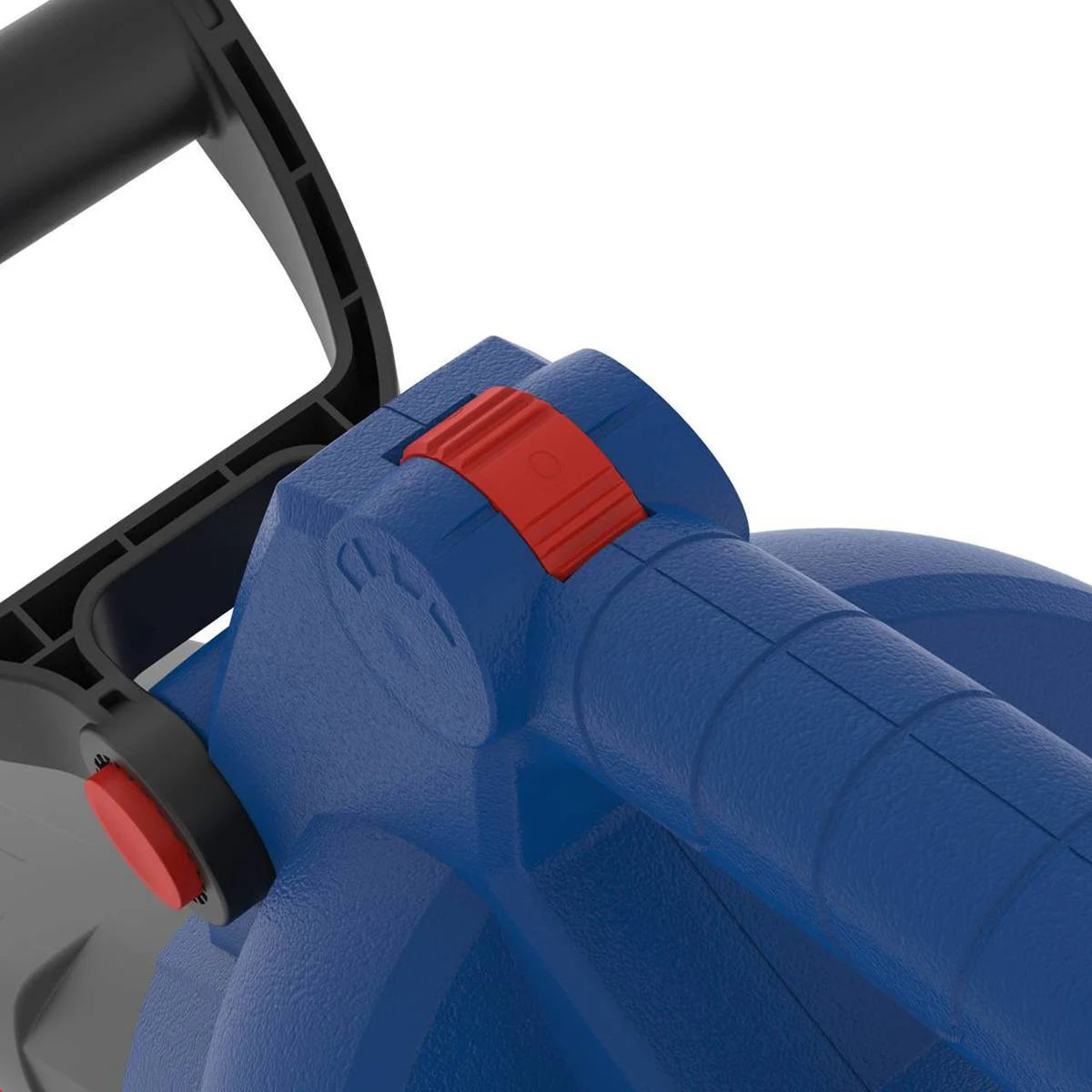 Nahaufnahme eines blauen Güde Akku-Laubsaugers LS 36-302-30 mit rotem Schalter und schwarzem Griff auf weißem Grund, ideal für die Verwendung mit Laubbläser- oder Akku-Laubsauger-Aufsätzen. Marke: Güde.