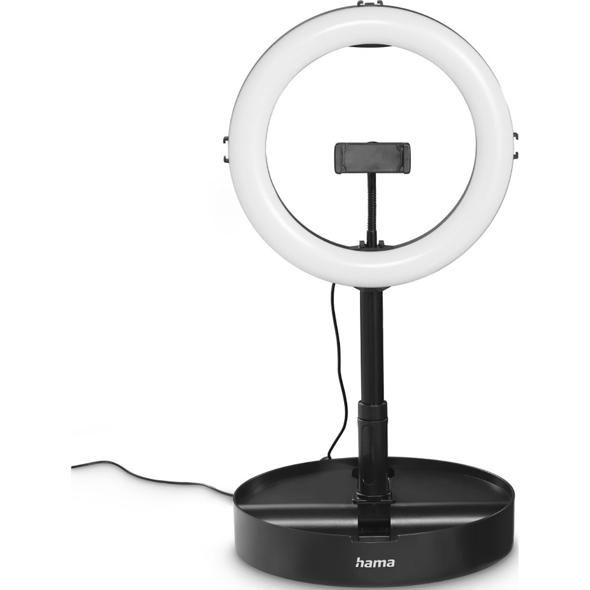 Die Hama SpotLight FoldUp RGB 102 LED-RGB-Ringleuchte in Schwarz ist die perfekte mobile Fotostudio-Beleuchtung mit Handyhalterung und Stativ - ideal für Content Creator vor weißem Hintergrund.
