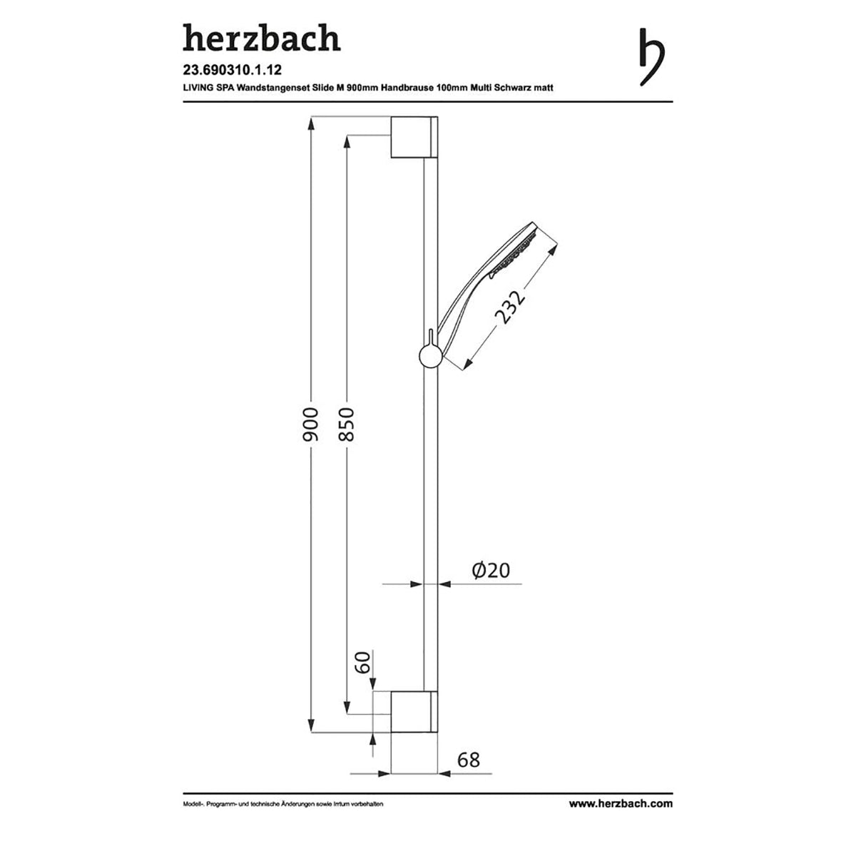 Technische Zeichnung des Herzbach Deep Black Dusch-Wandstangenset von Herzbach in Schwarz matt, mit Abmessungen: 900 mm Höhe, 68 mm Wandhalterung, 20 mm Stangendurchmesser und 232 mm Duschkopflänge. Die Komponenten sind beschriftet.