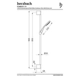 Technische Zeichnung des Herzbach Deep Black Dusch-Wandstangenset von Herzbach in Schwarz matt, mit Abmessungen: 900 mm Höhe, 68 mm Wandhalterung, 20 mm Stangendurchmesser und 232 mm Duschkopflänge. Die Komponenten sind beschriftet.
