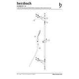 Schema mit Montageanleitung für das Herzbach Deep Black Dusch-Wandstangenset von Herzbach in Schwarz matt, mit beschrifteten Wandhalterungen, Brauseschlauch, Handbrause und Vertikalstange; die Komponenten sind zur besseren Übersichtlichkeit nummeriert und verbunden.