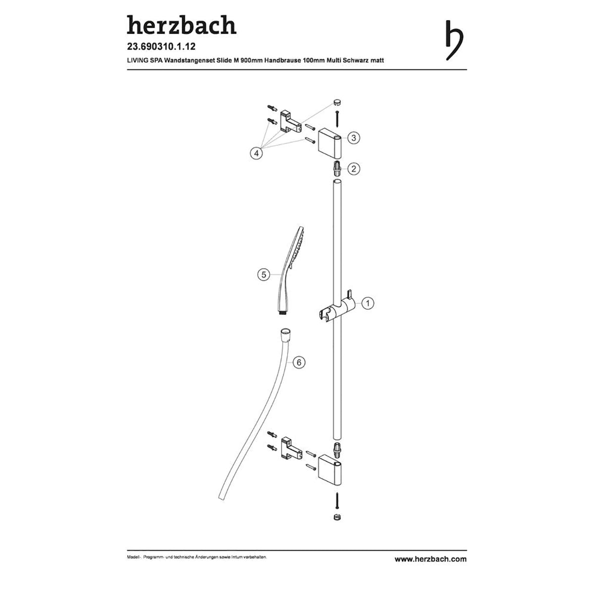 Schema mit Montageanleitung für das Herzbach Deep Black Dusch-Wandstangenset von Herzbach in Schwarz matt, mit beschrifteten Wandhalterungen, Brauseschlauch, Handbrause und Vertikalstange; die Komponenten sind zur besseren Übersichtlichkeit nummeriert und verbunden.