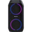 Ein schwarzer Hisense Party Rocket 160 Bluetooth-Lautsprecher mit zwei großen runden Gittern, die jeweils von lila und blauen LED-Lichtern umgeben sind, steht vor einem weißen Hintergrund.