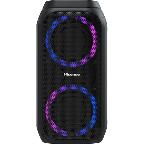 Ein schwarzer Hisense Party Rocket 160 Bluetooth-Lautsprecher mit zwei großen runden Gittern, die jeweils von lila und blauen LED-Lichtern umgeben sind, steht vor einem weißen Hintergrund.