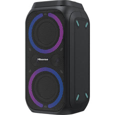 Der Hisense Party Rocket 160 ist ein schwarzer, kabelloser Party-Lautsprecher mit kreisförmigen blauen und violetten LED-Lichtern, seitlichen Akzenten in Grüntönen und einer aufregenden Karaoke-Funktion für unvergessliche Zusammenkünfte.