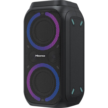Der Hisense Party Rocket 160 ist ein schwarzer, kabelloser Party-Lautsprecher mit kreisförmigen blauen und violetten LED-Lichtern, seitlichen Akzenten in Grüntönen und einer aufregenden Karaoke-Funktion für unvergessliche Zusammenkünfte.
