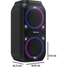 Der Hisense Party Rocket 160 ist ein schwarzer kabelloser Party-Lautsprecher mit zwei großen blauen und lila LED-Ringen auf der Vorderseite. Dieser Bluetooth-Lautsprecher misst 37,5 cm in der Höhe, 18,72 cm in der Tiefe und 18,95 cm in der Breite.