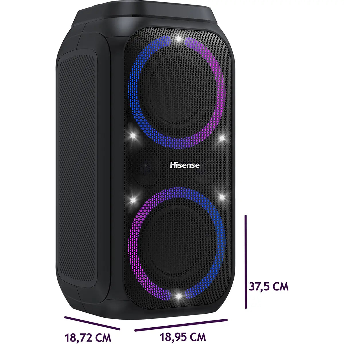 Der Hisense Party Rocket 160 ist ein schwarzer kabelloser Party-Lautsprecher mit zwei großen blauen und lila LED-Ringen auf der Vorderseite. Dieser Bluetooth-Lautsprecher misst 37,5 cm in der Höhe, 18,72 cm in der Tiefe und 18,95 cm in der Breite.